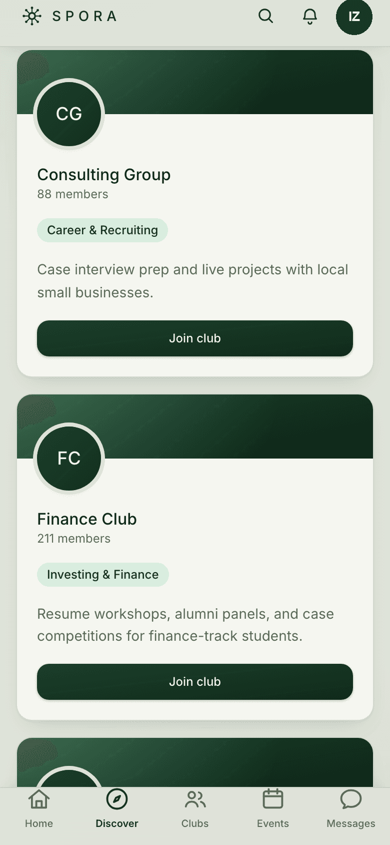 The clubs directory, showing categories and join buttons for campus clubs