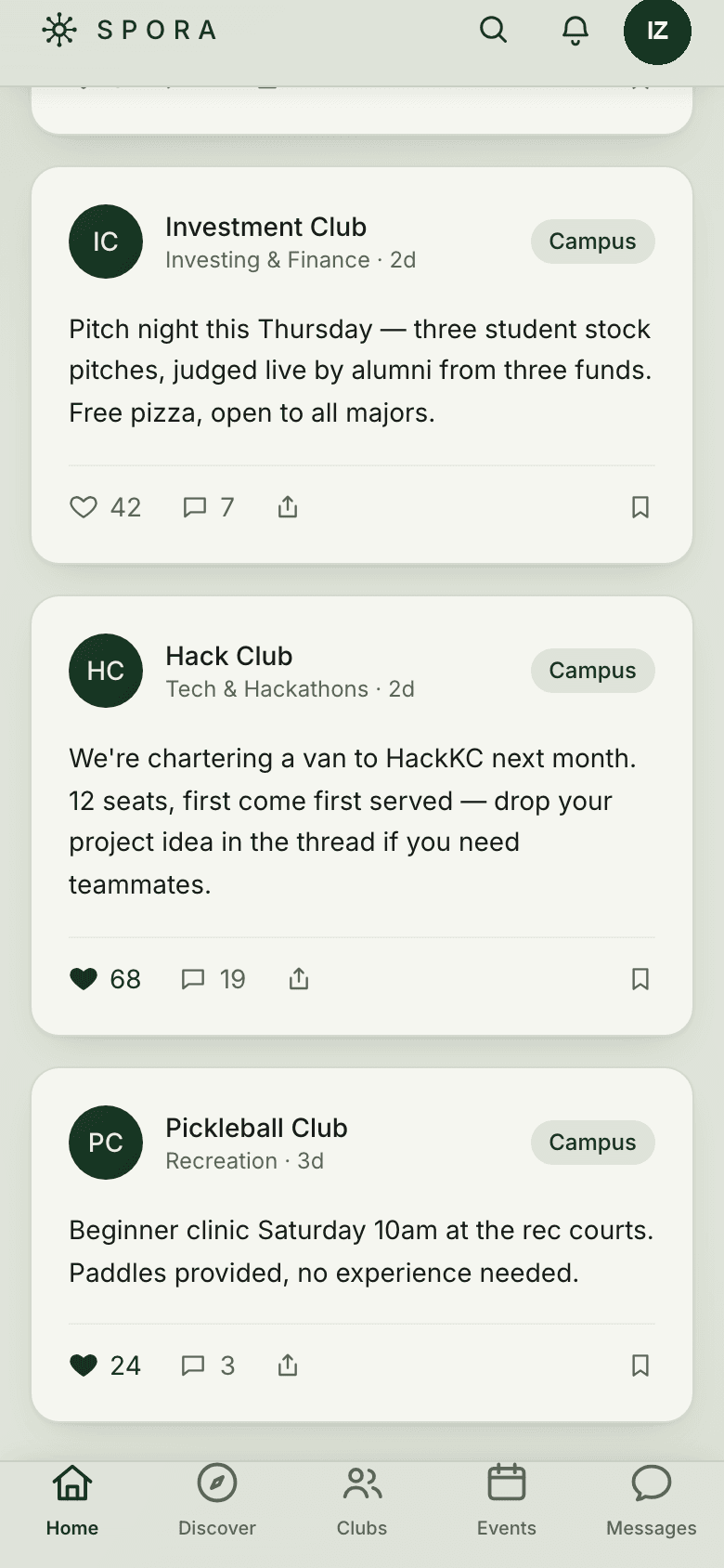 Spora's campus feed, showing club posts and quick access to joined clubs and events